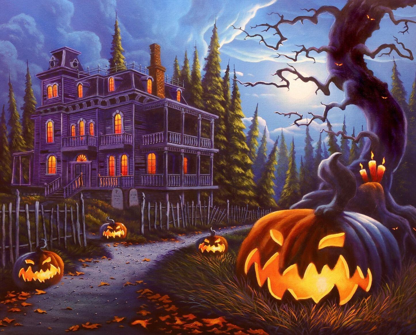 Jack O Lantern Lane Fabric Panel - 36” x 44” - Halloween Panel - Four Seasons by David Textiles - Digital Fabric Panel