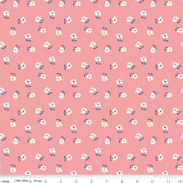 Farm Girl Vintage Fabric - By The Half Yard - BTHY - Coral Daisy - Lori Holt - Bee In My Bonnet - Riley Blake - C7877 Coral