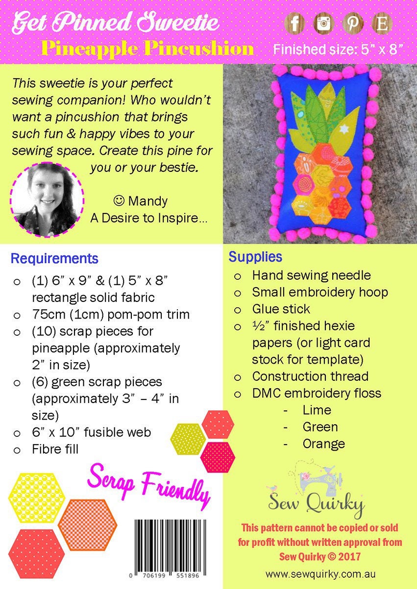 Get Pinned Sweetie Pineapple Pincushion - Sew Quirky - Appliqué Pattern - Pincushion Pattern