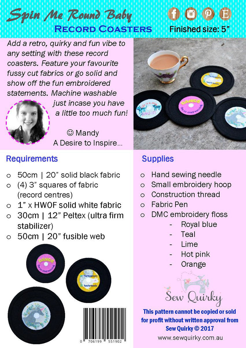 Spin Me around Baby - Sew Quirky - Mandy Murray - Appliqué Pattern - Coaster Pattern