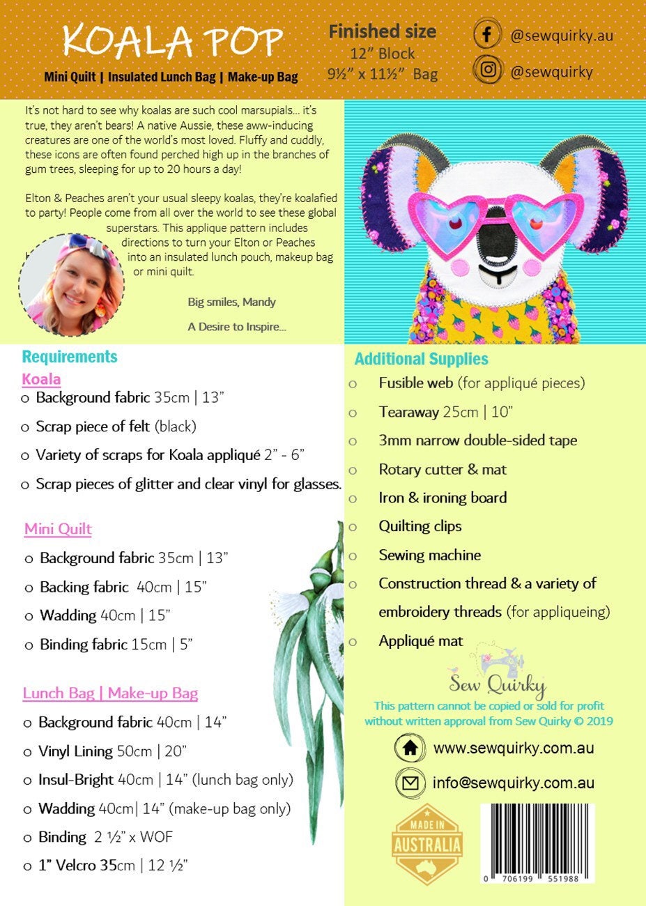 Koala Pop - Sew Quirky - Mandy Murray - Appliqué Pattern - Mini Quilt Pattern - Lunch Bag Pattern