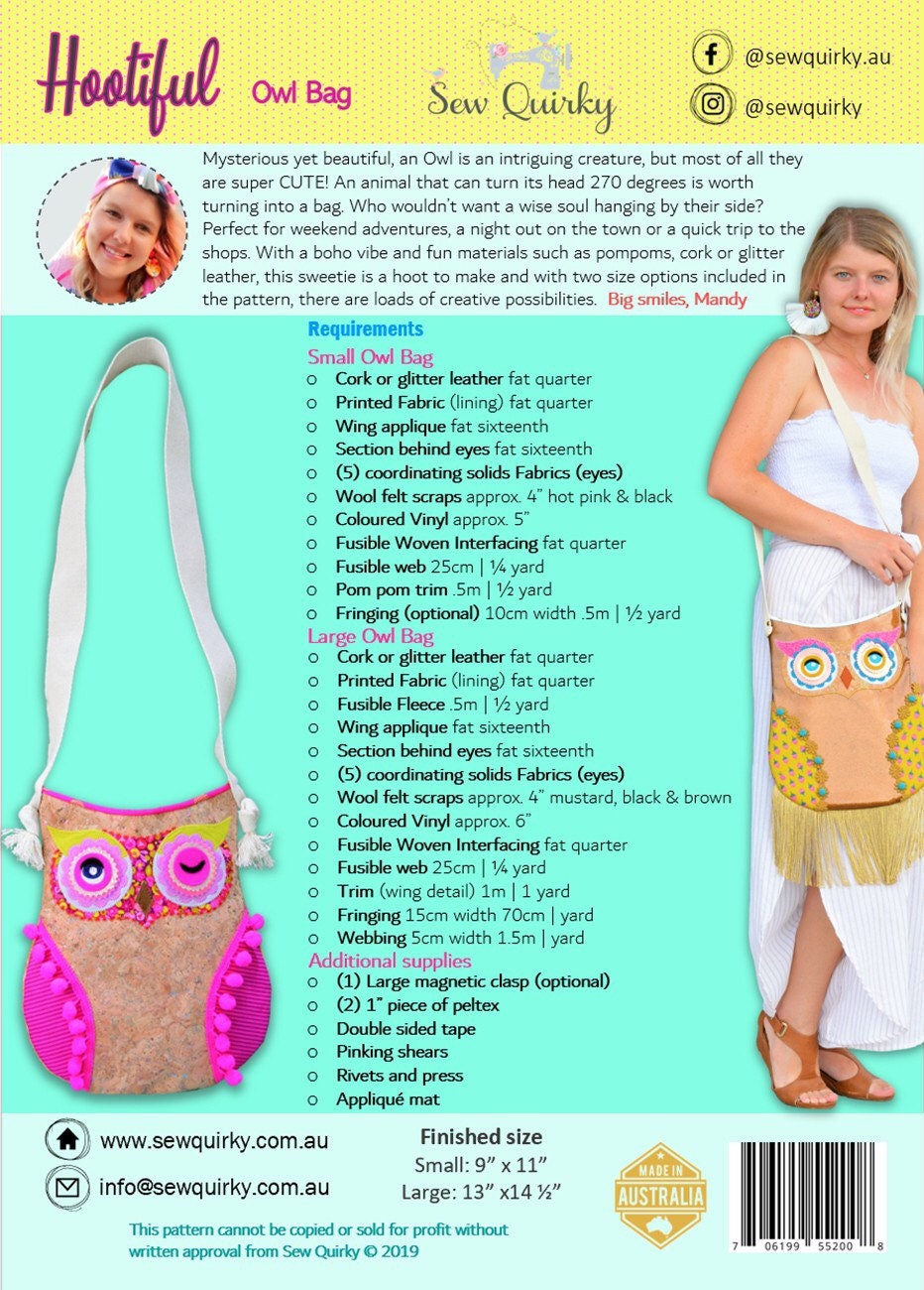 Hootiful Owl Bag - Sew Quirky - Mandy Murray - Appliqué Pattern - Crossbody Bag Pattern