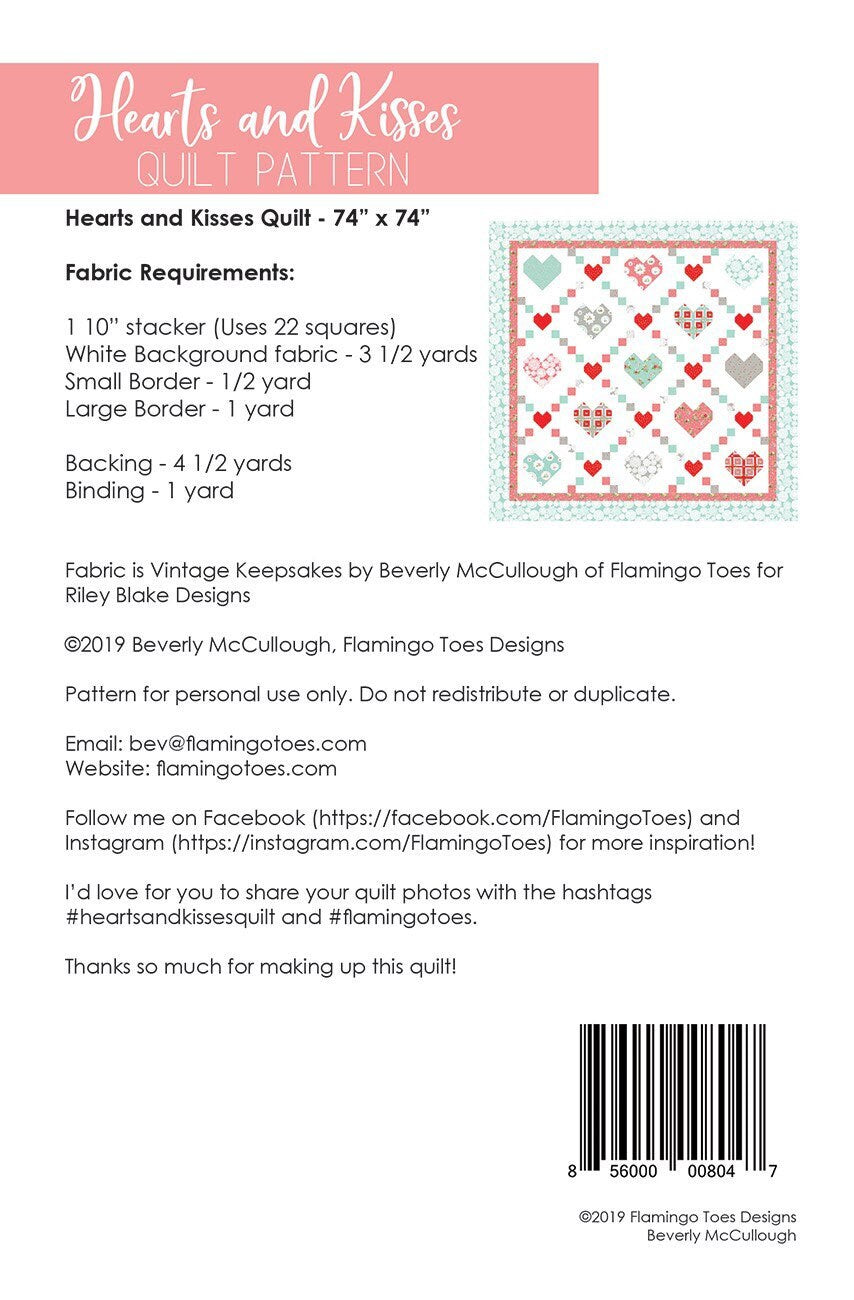 Hearts and Kisses Quilt Pattern - Flamingo Toes - Beverly McCullough - Heart Quilt Pattern - Valentines Quilt Pattern - Layer Cake Friendly