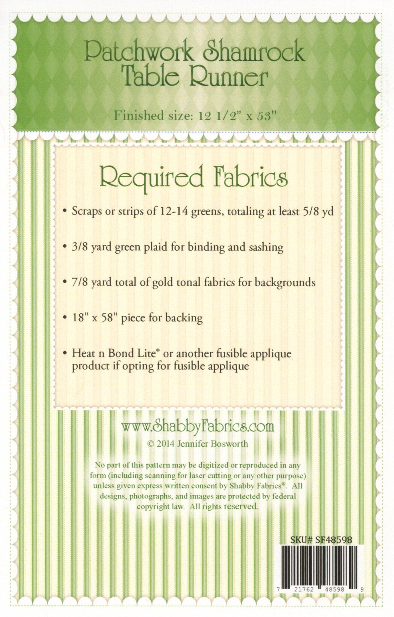 Patchwork Shamrock Table Runner Pattern - Shabby Fabrics - Jennifer Bosworth - St Patrick’s Day Quilt Pattern
