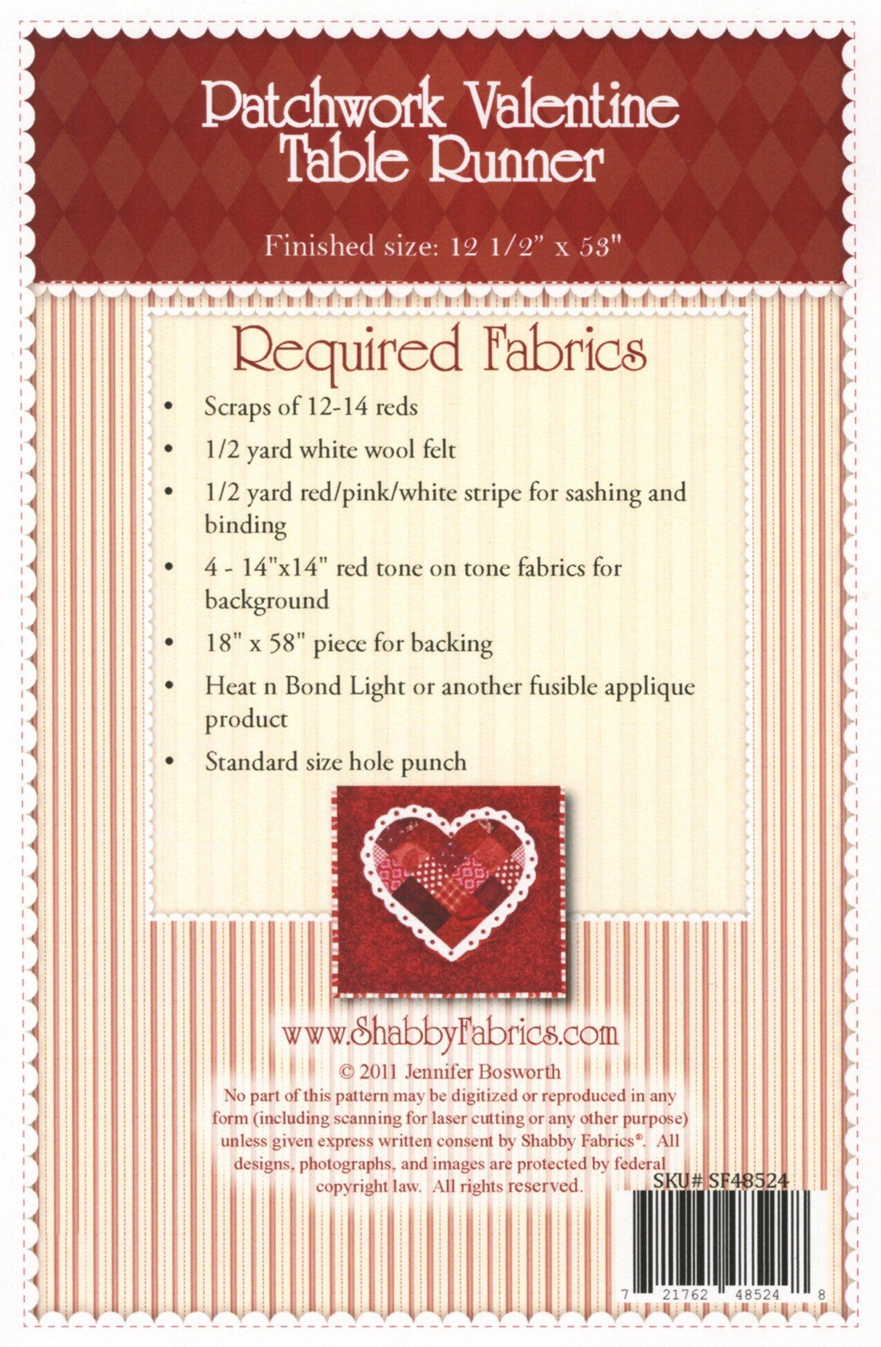 Patchwork Valentine Table Runner Pattern - Shabby Fabrics - Jennifer Bosworth - Heart Quilt Pattern - Valentines Day Quilt Pattern