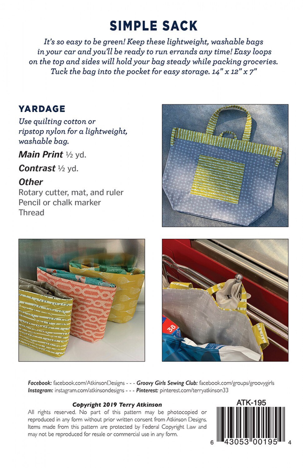 Simple Sack Pattern - Atkinson Designs - Grocery Bag Pattern - Terry Atkinson