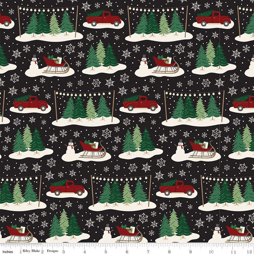 Christmas Traditions - By The Half Yard - BTHY - Black Christmas Trucks - Dani Mogstad - Christmas Fabric - Riley Blake - C9590 BLACK