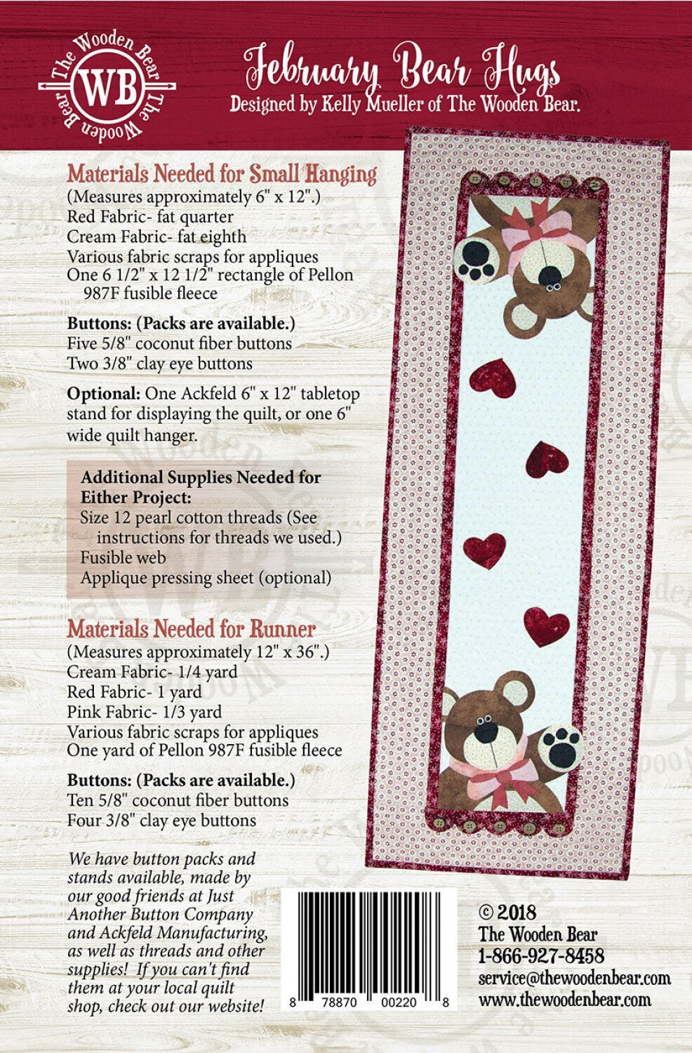 The Wooden Bear February Bear Hugs Mini Quilt Pattern - Little Quilts Series - Buttons Included