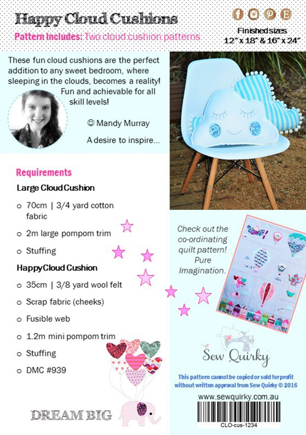 Happy Cloud Cushions - Sew Quirky - Mandy Murray - Pillow Pattern - Stuffie Pattern
