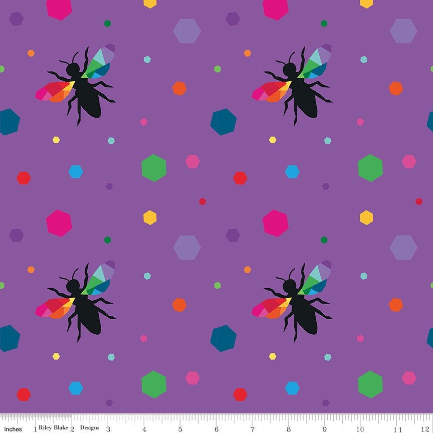 Create Purple Hexie Bees - By The Half Yard - BTHY - Kristy Lea - Quiet Play - Rainbow Fabric - Riley Blake - C9805 PURPLE