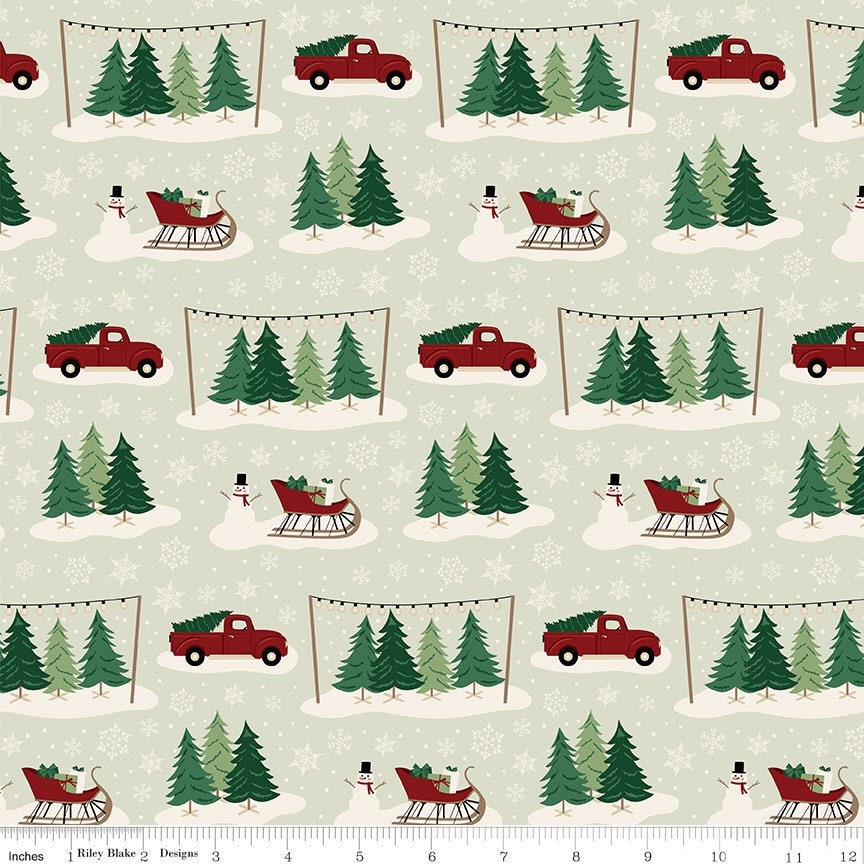 Christmas Traditions - By The Half Yard - BTHY - Mint Christmas Trucks - Dani Mogstad - Christmas Fabric - Riley Blake - C9590 MINT
