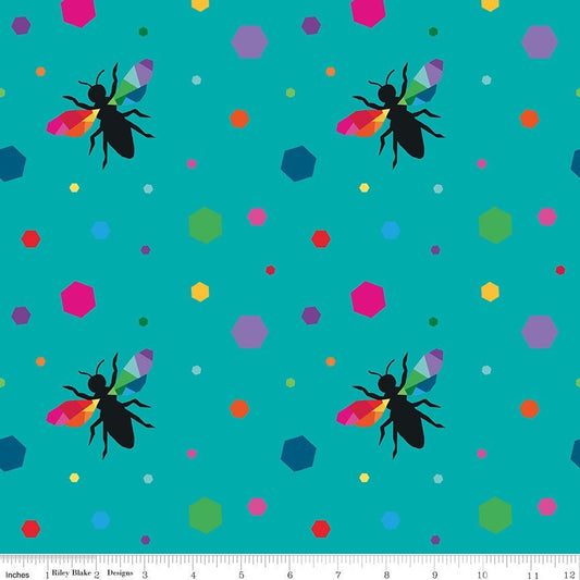 Create Turquoise Hexie Bees - By The Half Yard - BTHY - Kristy Lea - Quiet Play - Rainbow Fabric - Riley Blake - C9805 TURQUOISE