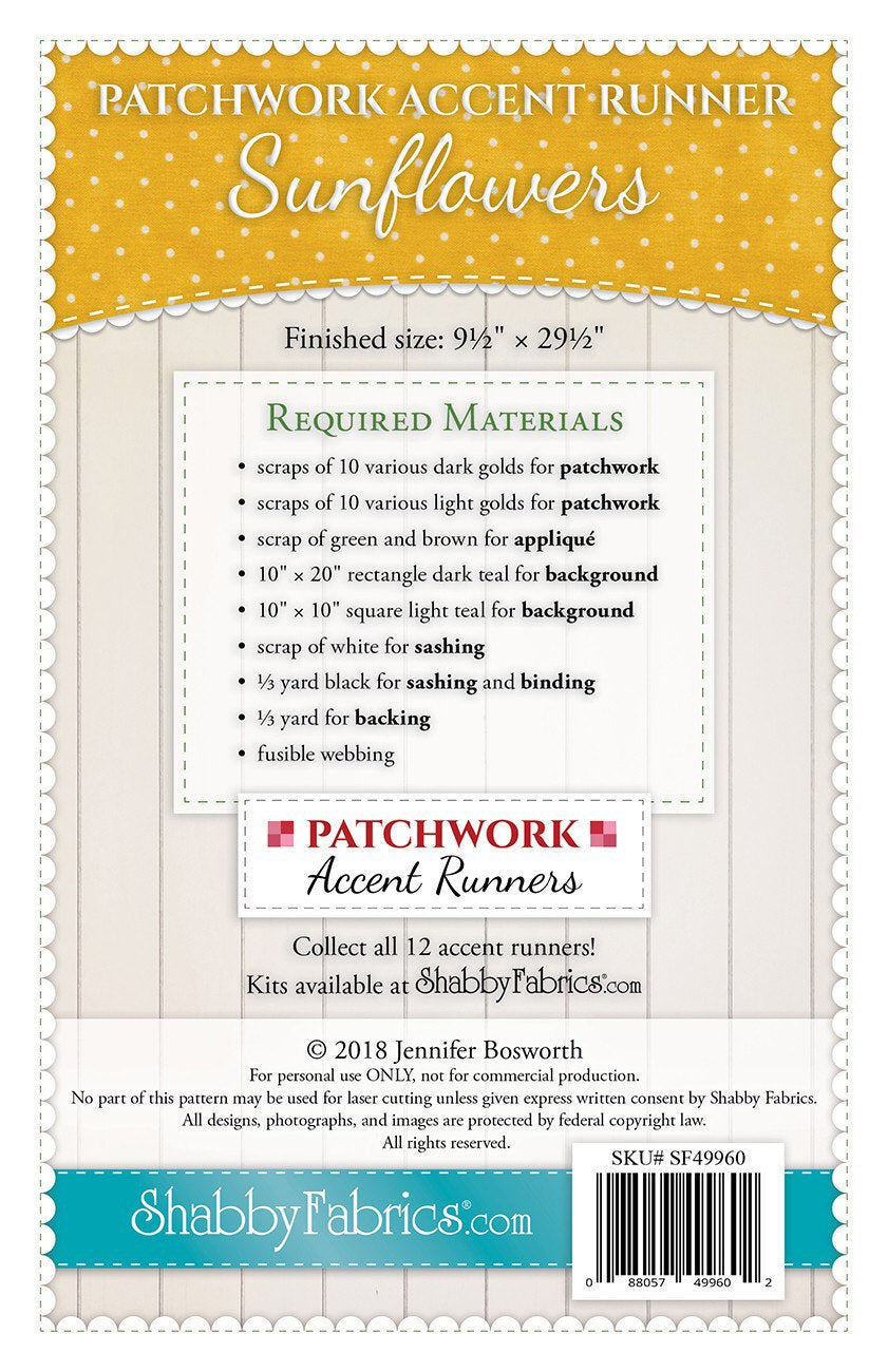 Patchwork Accent Runner Sunflowers August - Shabby Fabrics - Jennifer Bosworth - Sunflower Table Runner Pattern
