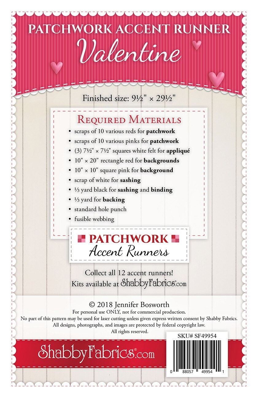 Patchwork Accent Runner Hearts February - Shabby Fabrics - Jennifer Bosworth - Valentine’s Day Table Runner Pattern
