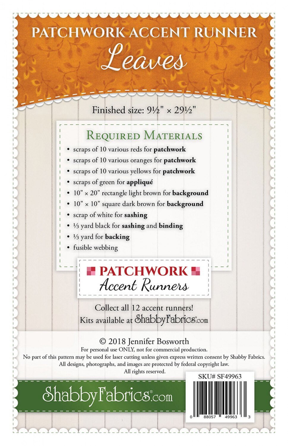 Patchwork Accent Runner Leaves November - Shabby Fabrics - Jennifer Bosworth - Fall Table Runner Pattern