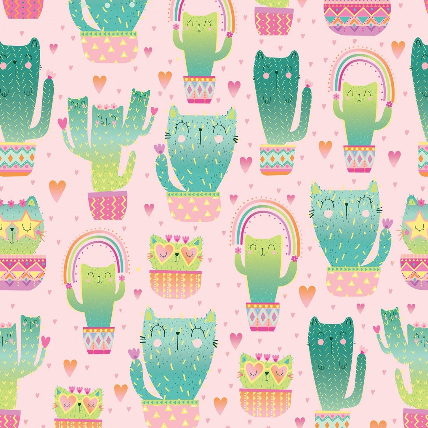 Kitty Cactus Fabric - By The Half Yard - BTHY - Cat Fabric - Succulent Fabric - Cactus Fabric - Timeless Treasures - C8237 PINK
