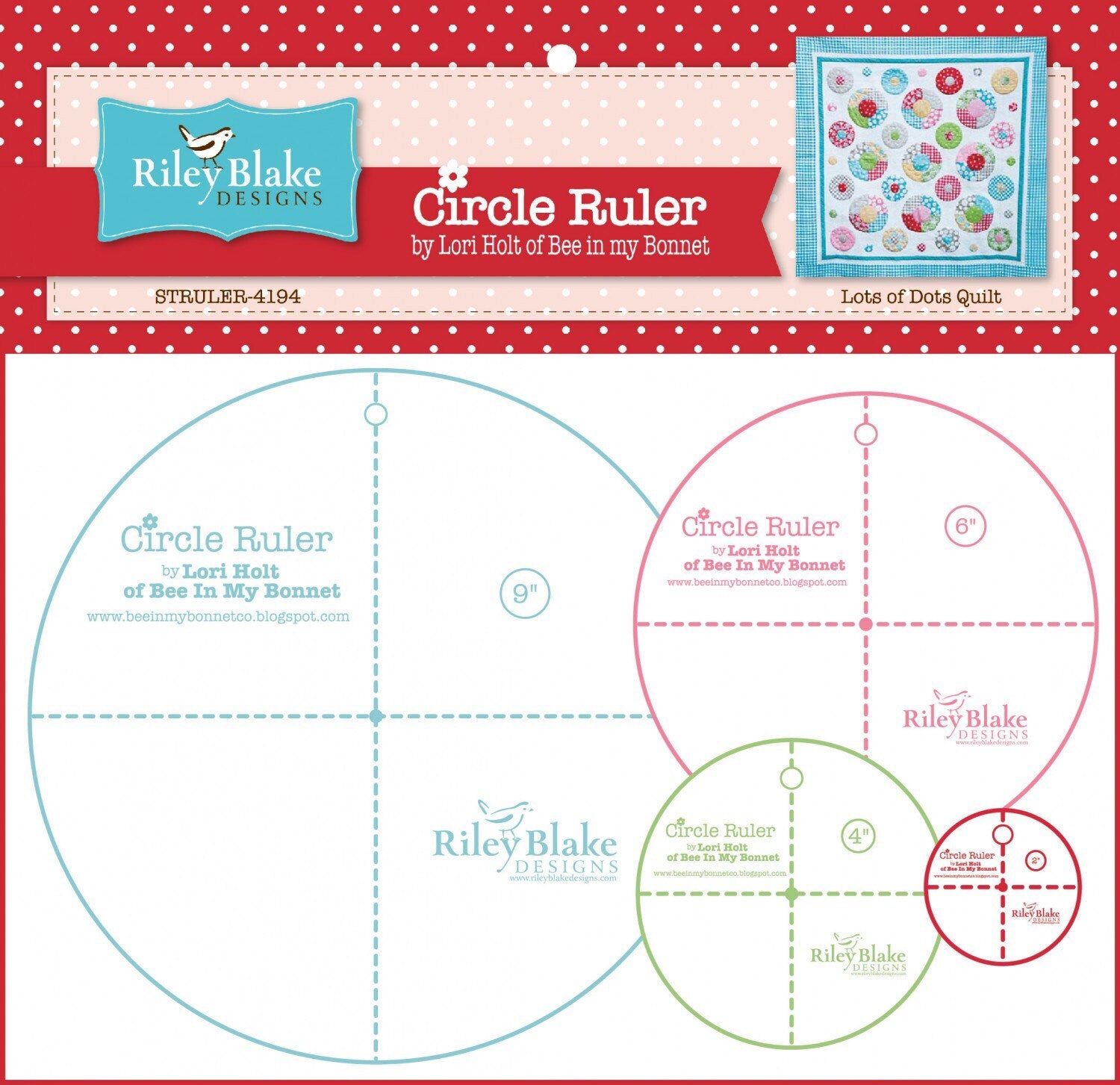 Lori Holt Circle Rulers - 4 rulers 9in, 6in, 4in and 2in - Bee in My Bonnet