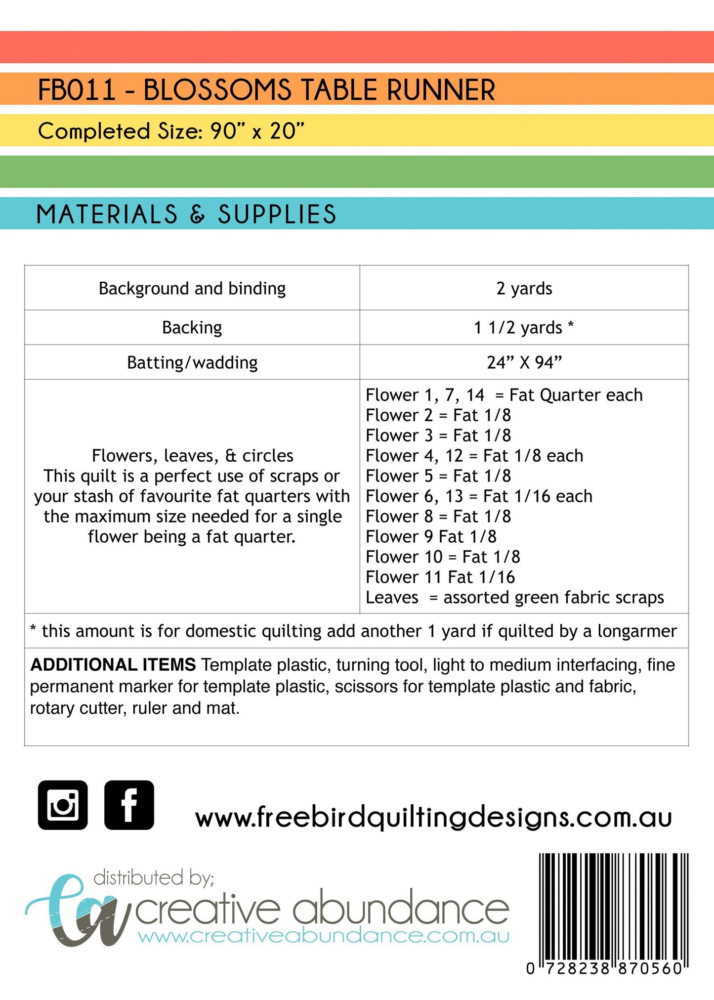 Blossoms Table Runner Pattern - Free Bird Quilting Designs - Carolyn Murfitt - Creative Abundance - Optional Acrylic Templates
