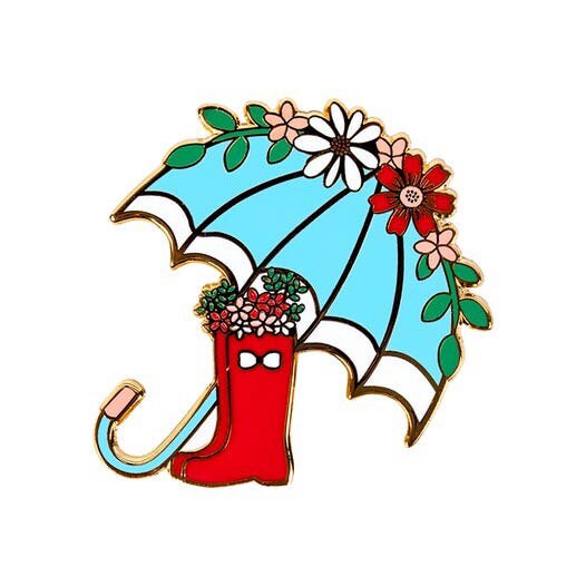 Singing In The Rain Enamel Needle Minder - Floral Umbrella and Boots Needle Minder - Beverly McCullough - Flamingo Toes