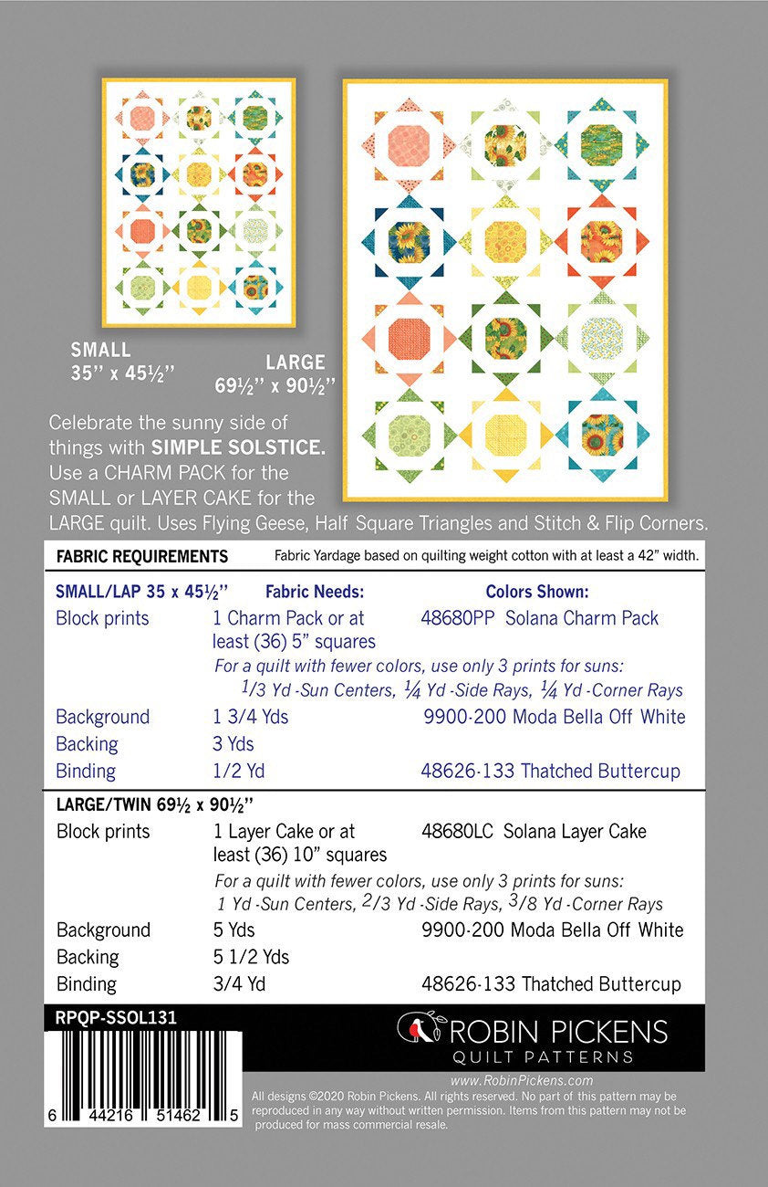 Simple Solstice Quilt Pattern - Robin Pickens - Charm Pack Friendly - Layer Cake Friendly