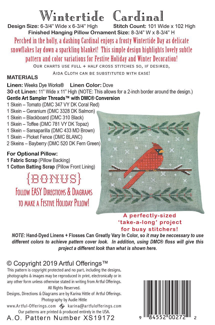 Wintertide Cardinal Cross Stitch Pattern - Artful Offerings - Karina Hittle