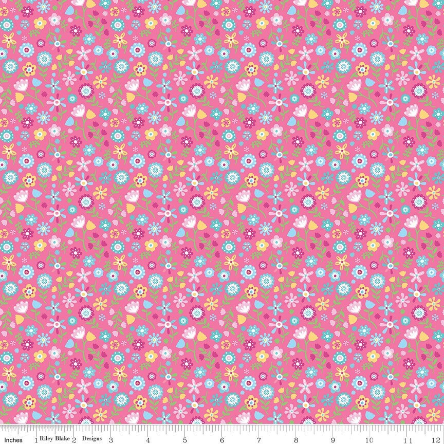 Unicorn Kingdom Fabric - By The Half Yard - BTHY - Hot Pink Flowers - Shawn Wallace - Riley Blake - C10474 HOTPINK