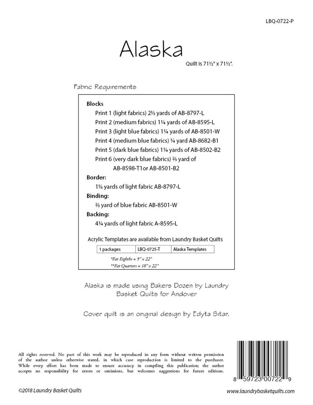 Alaska Pattern 72” x 72” - Laundry Basket Quilts - Edyta Sitar - Optional Acrylic Templates