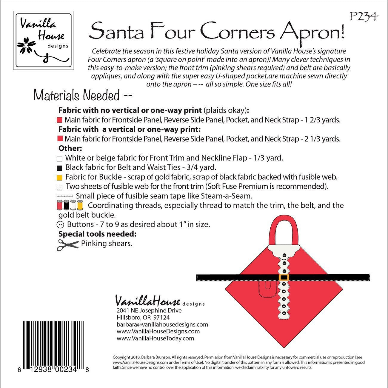 Santa Four Corners Apron Pattern - Barbara Brunson - Vanilla House Designs