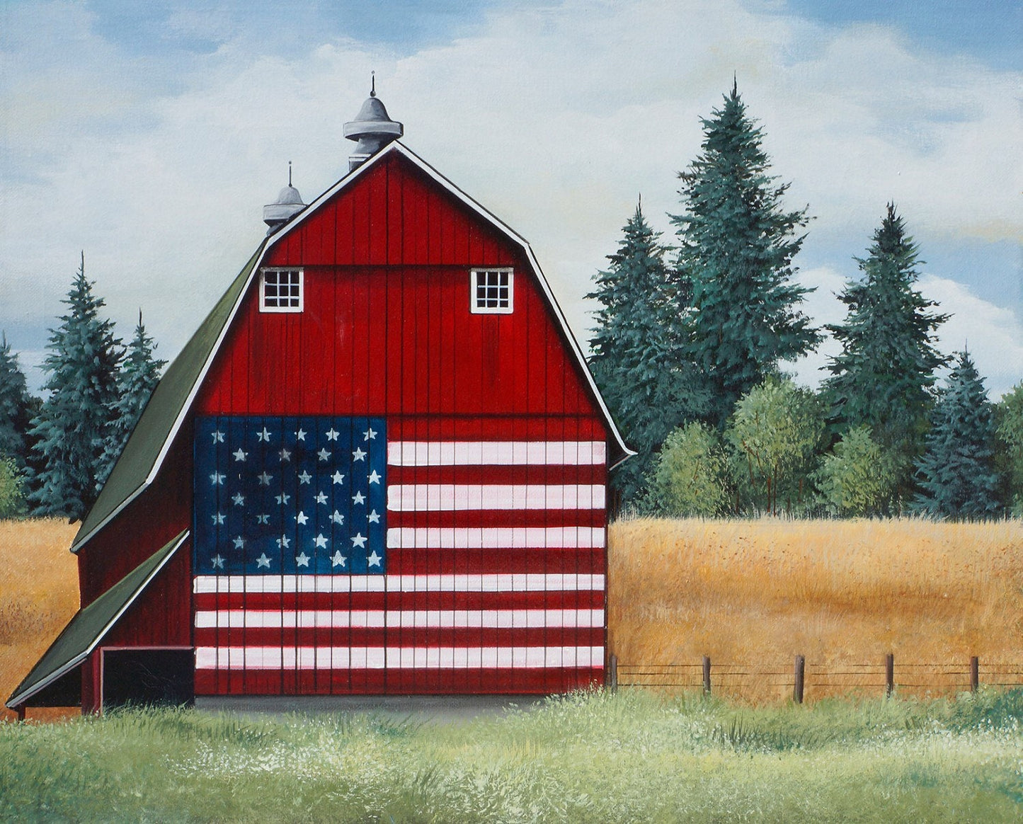 Barn Fabric Panel - American Barn - American Flag Fabric Panel - 36” x 44” - Four Seasons by David Textiles - Digital Fabric Panel