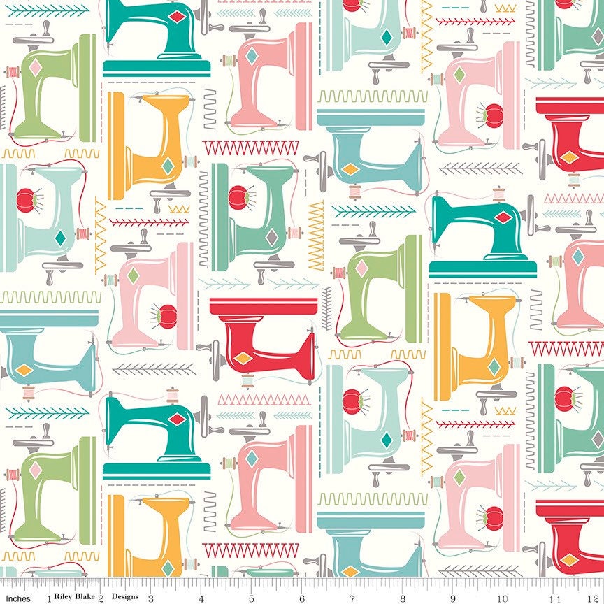 My Happy Place Fabric - By The Half Yard -  Sewing Machines - Home Dec Fabric 57/58” wide - Lori Holt - HD11210 CLOUD