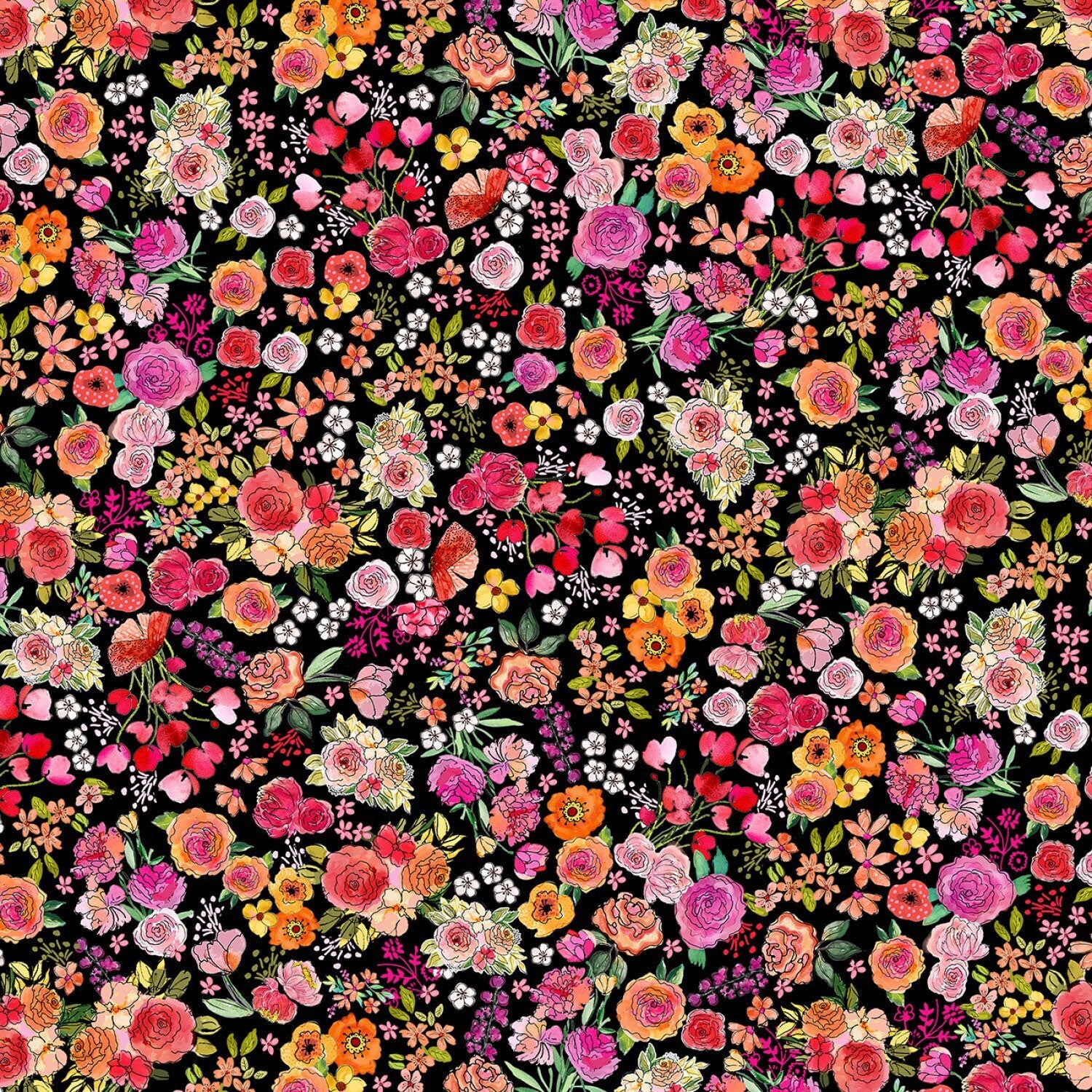 Sew Floral Fabric - By The Half Yard - BTHY - Black Sewing Large Florals - Gail Cadden - Timeless Treasures - C8933 BLACK