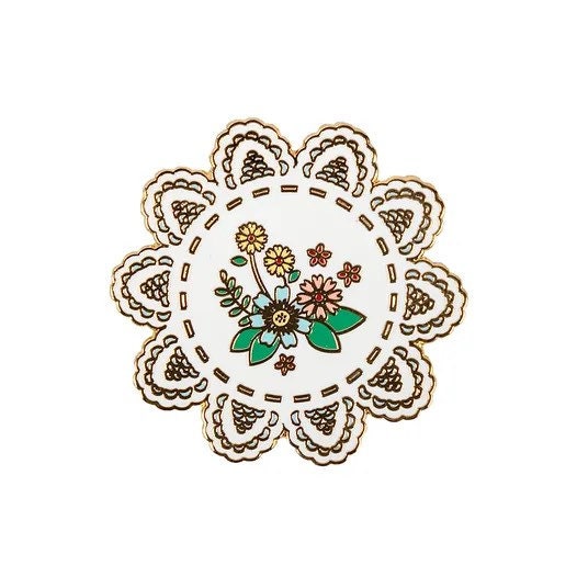 Vintage Floral Doily Enamel Needle Minder - Beverly McCullough - Flamingo Toes