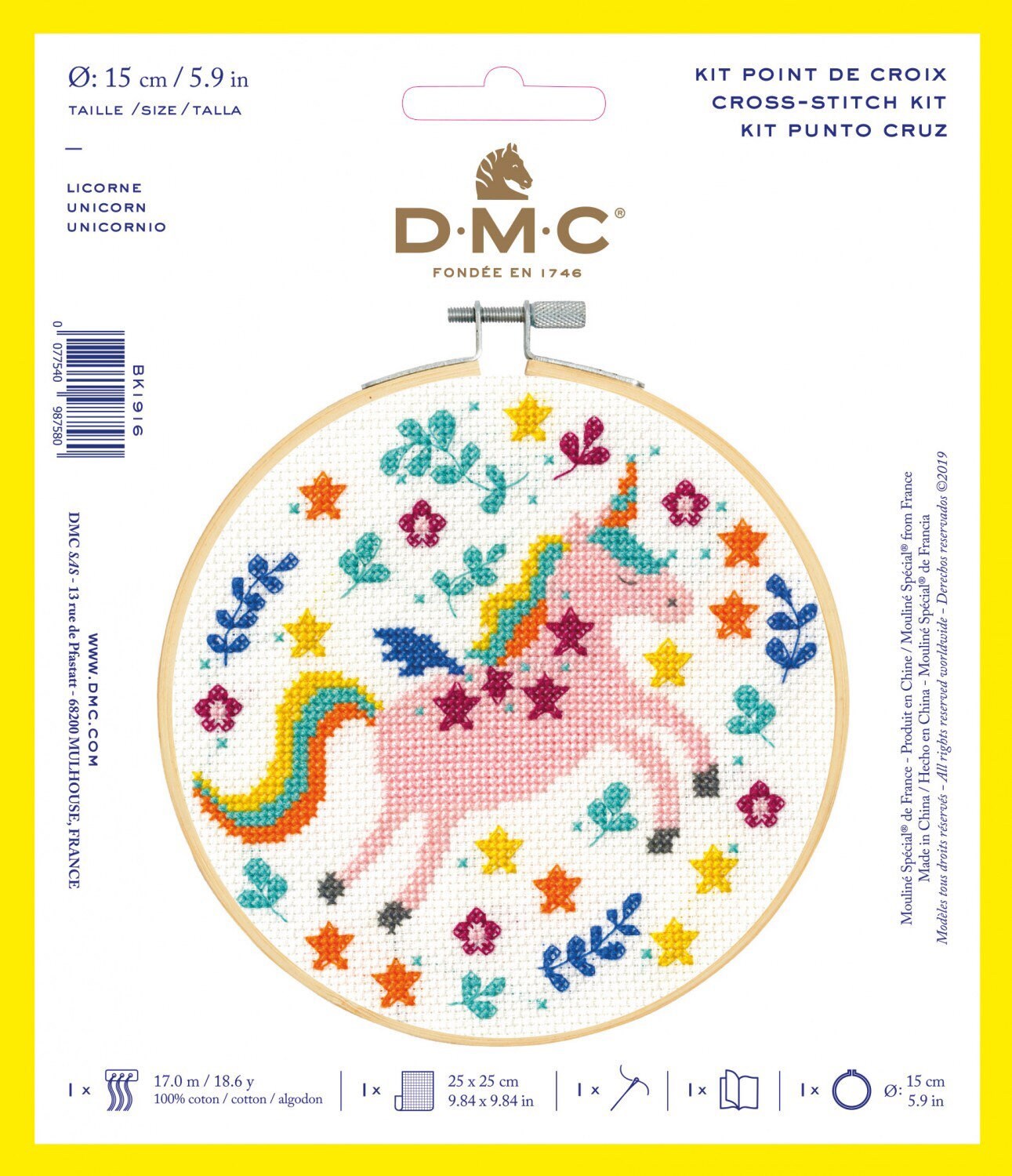 Unicorn Cross Stitch Kit - Pattern, Floss, Fabric, Hoop and Needle included