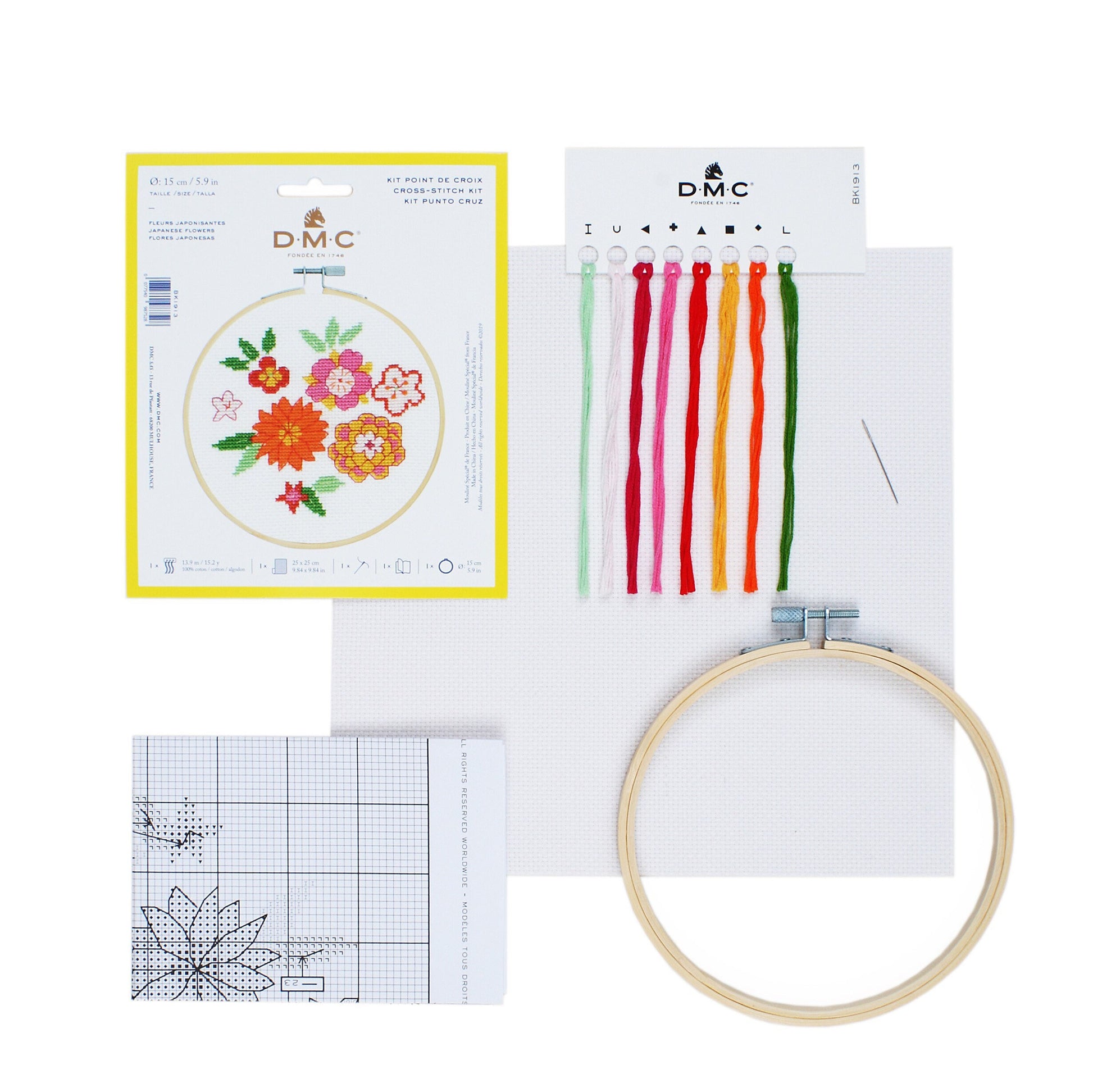 Floral Cross Stitch Kit - Pattern, Floss, Fabric, Hoop and Needle included