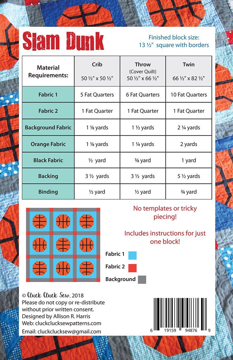 Slam Dunk Quilt Pattern - Cluck Cluck Sew - Fat Quarter Friendly - 3 Sizes