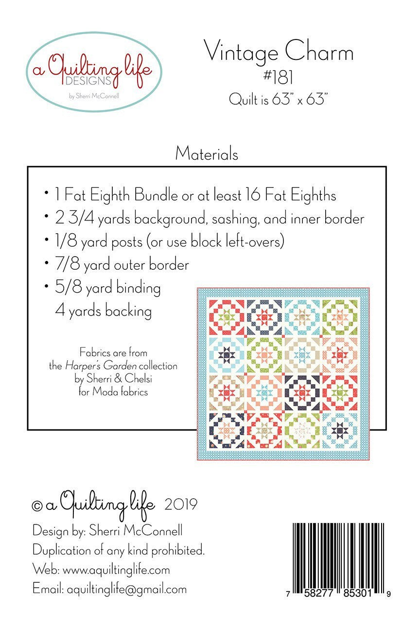 Vintage Charm Quilt Pattern - A Quilting Life - Sherri McConnell - Fat Eighth Friendly - 63” x 63”