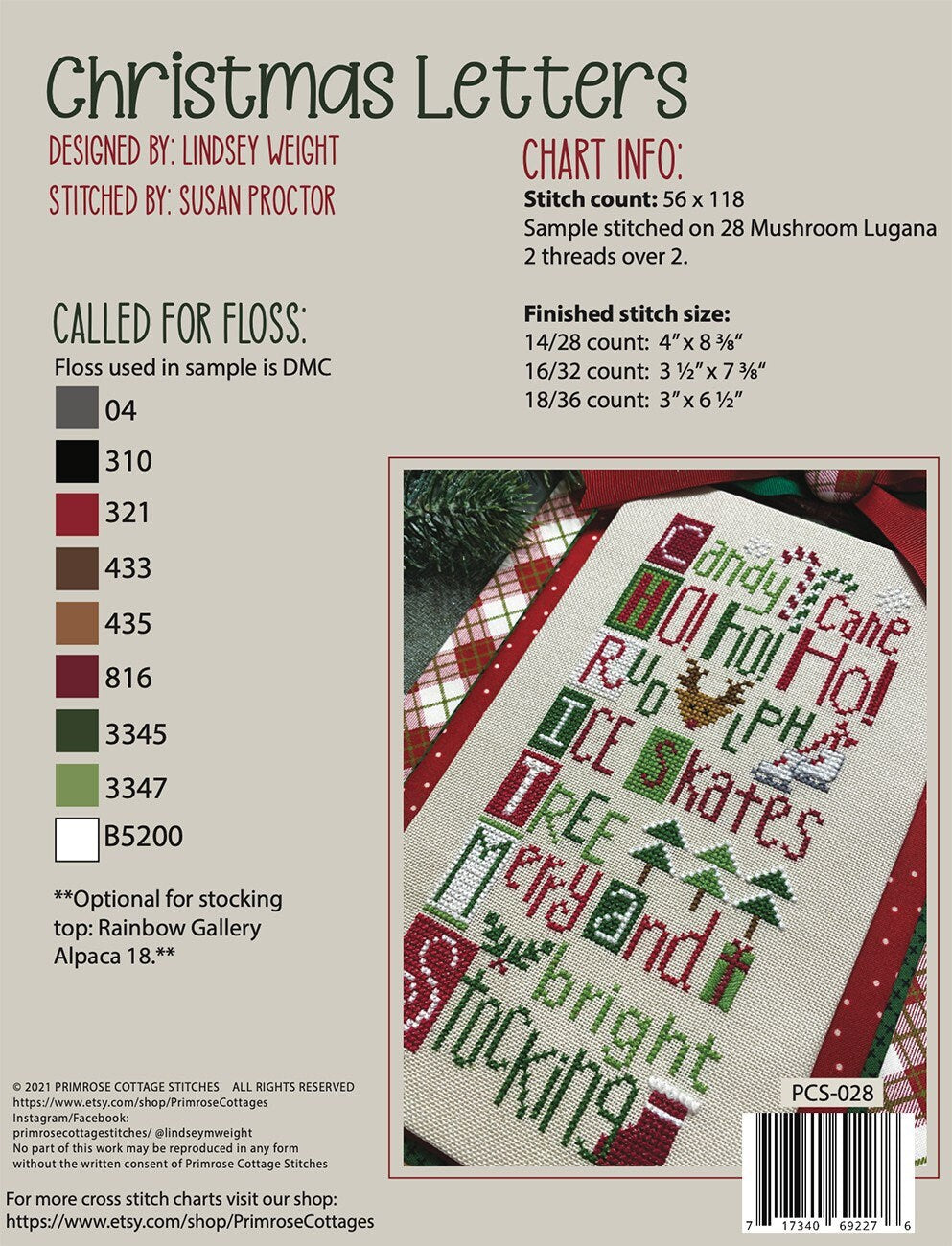 Christmas Letters Cross Stitch Pattern - Primrose Cottage Stitches - Lindsey Weight - Christmas Cross Stitch Pattern