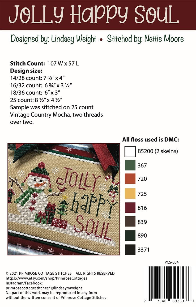 Jolly Happy Soul Cross Stitch Pattern - Primrose Cottage Stitches - Lindsey Weight - Christmas Cross Stitch Pattern