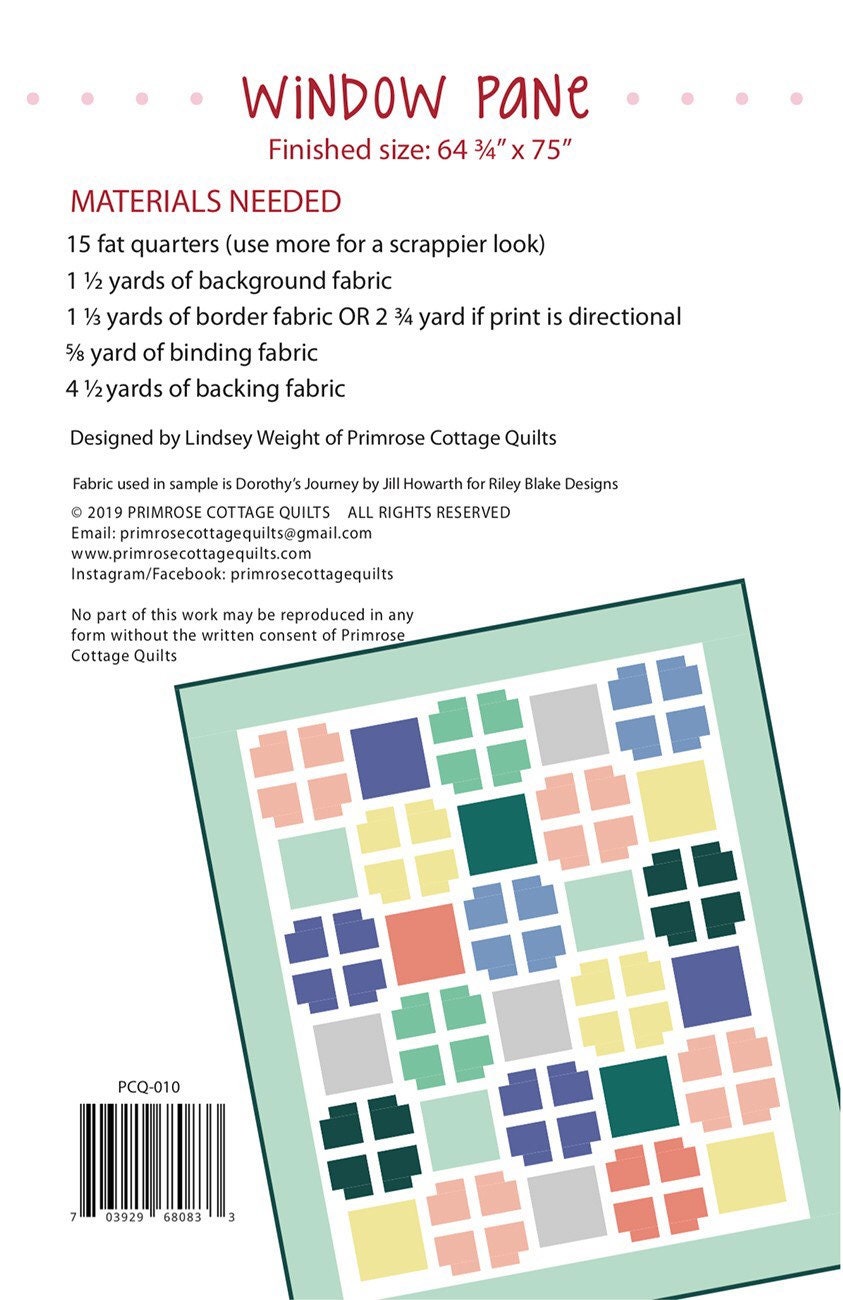 Window Pane Quilt Pattern - Primrose Cottage Quilts - Fat Quarter Friendly - 64.5” x75”