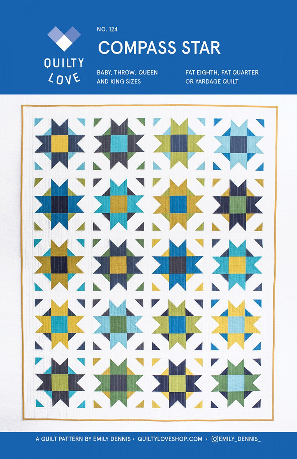 Compass Star Quilt Pattern - Quilty Love - Emily Dennis - Fat Quarter Friendly - Fat Eighth Friendly - 5 sizes