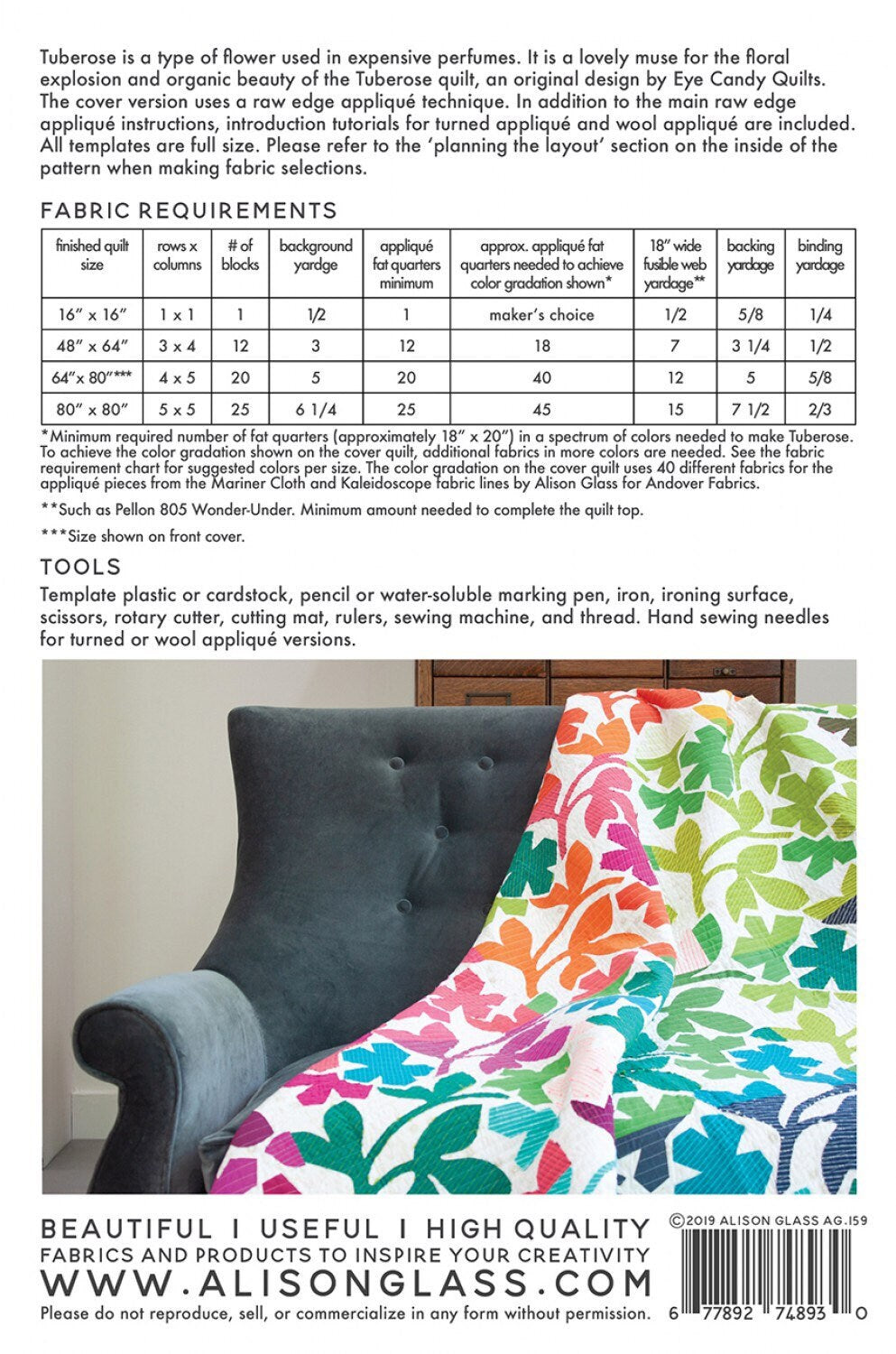 Tuberose Quilt Pattern - Alison Glass - 4 sizes - Applique Quilt Pattern