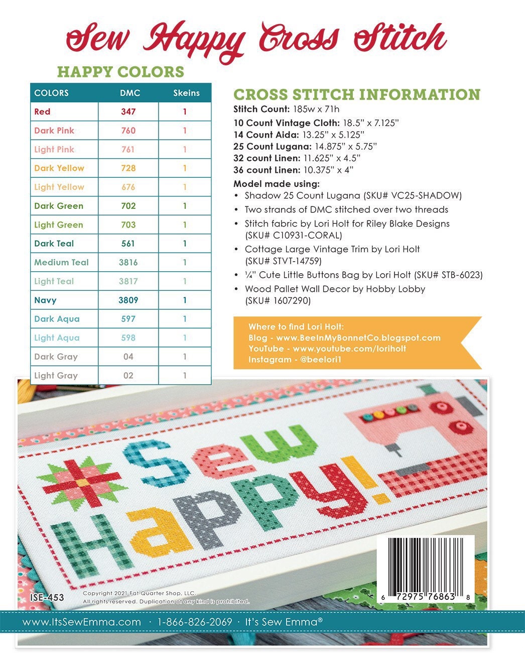 Sew Happy Cross Stitch Pattern - It’s Sew Emma - Lori Holt - Bee In My Bonnet
