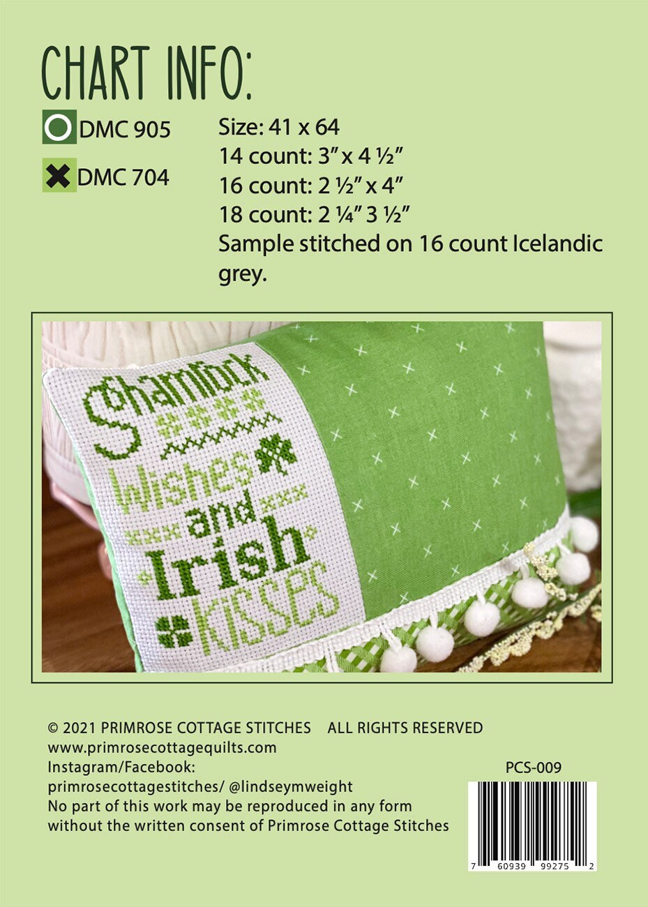 Irish Kisses Cross Stitch Pattern - Primrose Cottage Stitches - 41 x 64 stitches