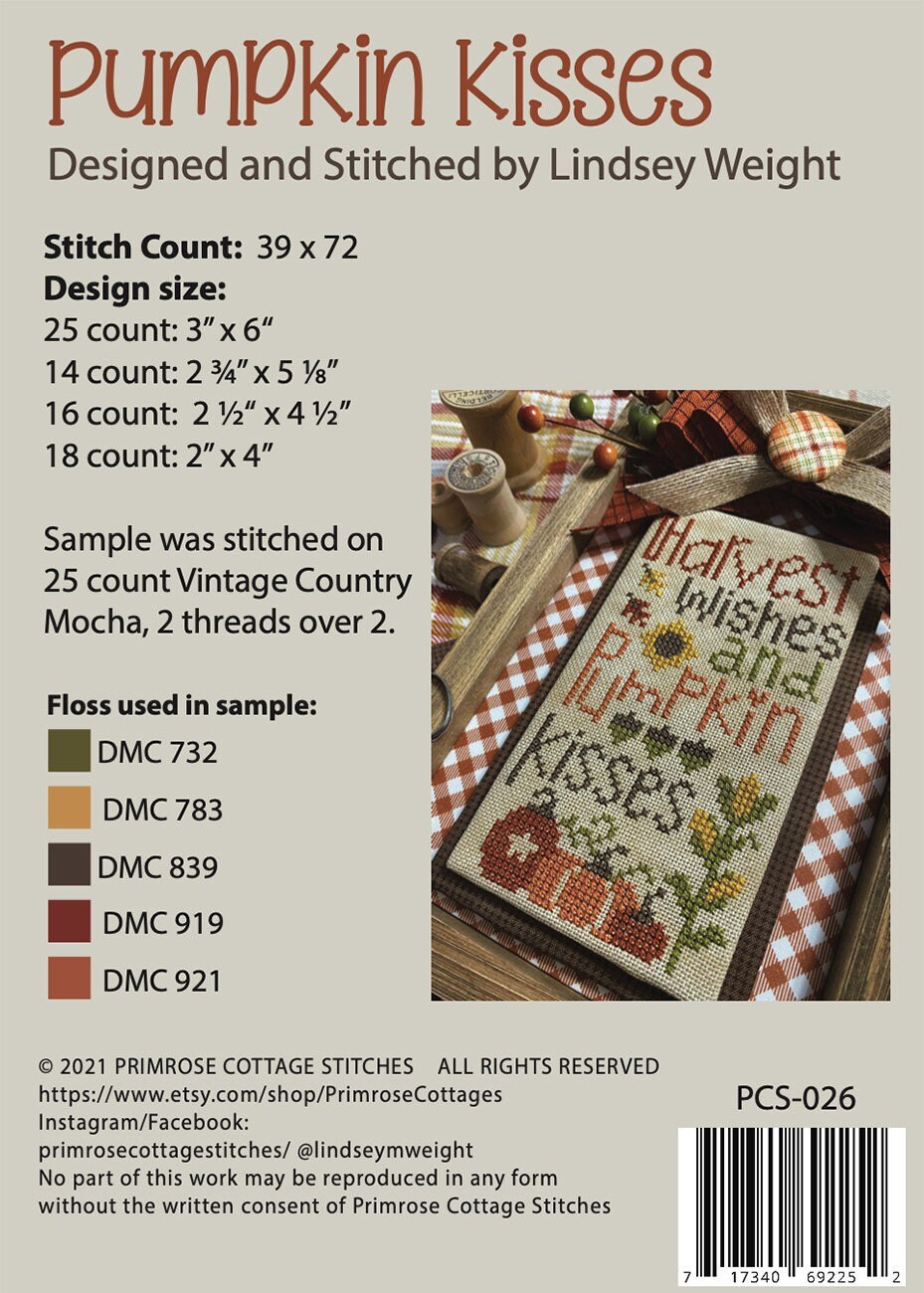 Pumpkin Kisses Cross Stitch Pattern - Primrose Cottage Stitches - 39 x 72 stitches