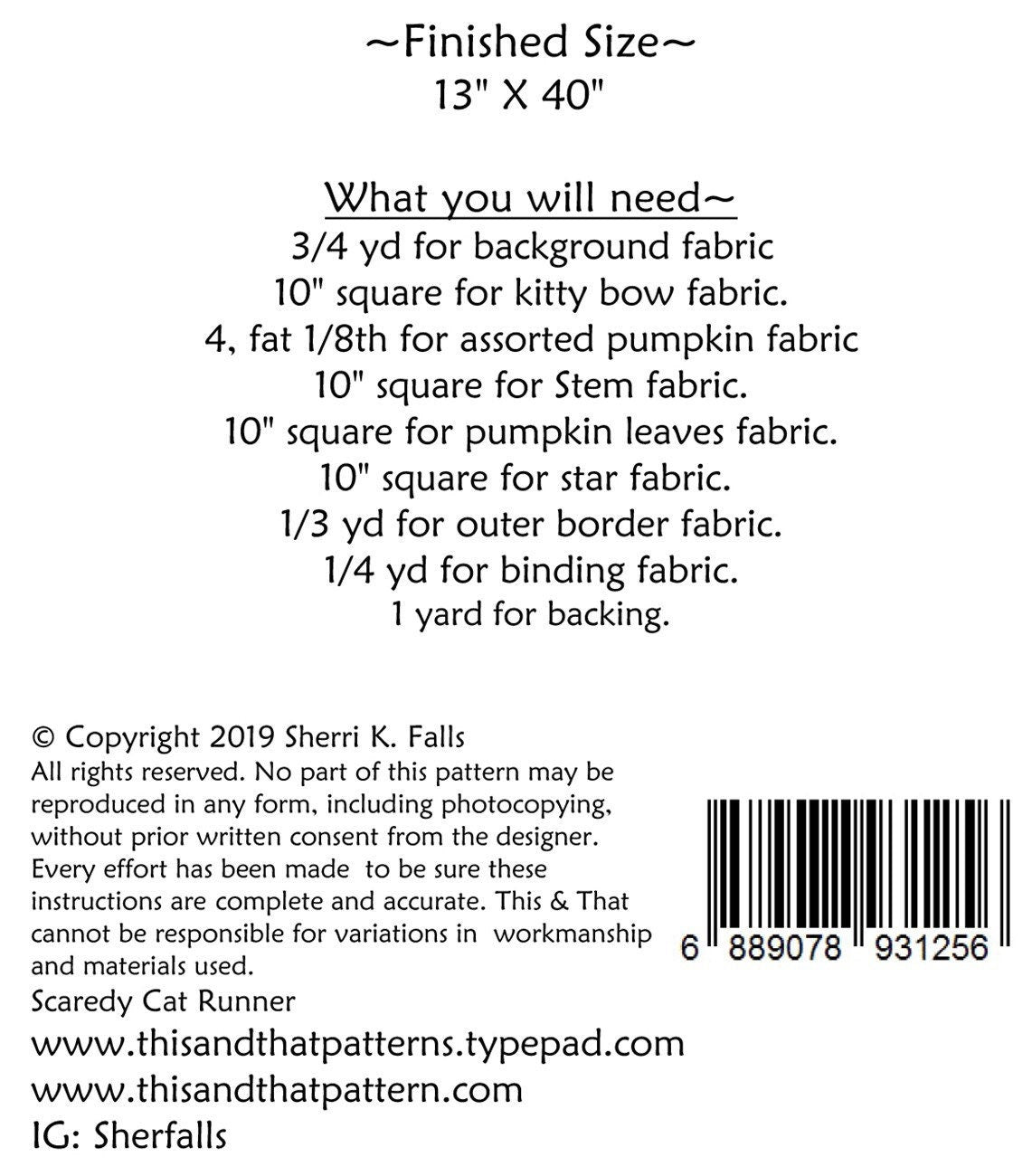 Scaredy Cat Table Runner Pattern - This & That - Sherri Falls - Fall Table Runner - Autumn Table Runner