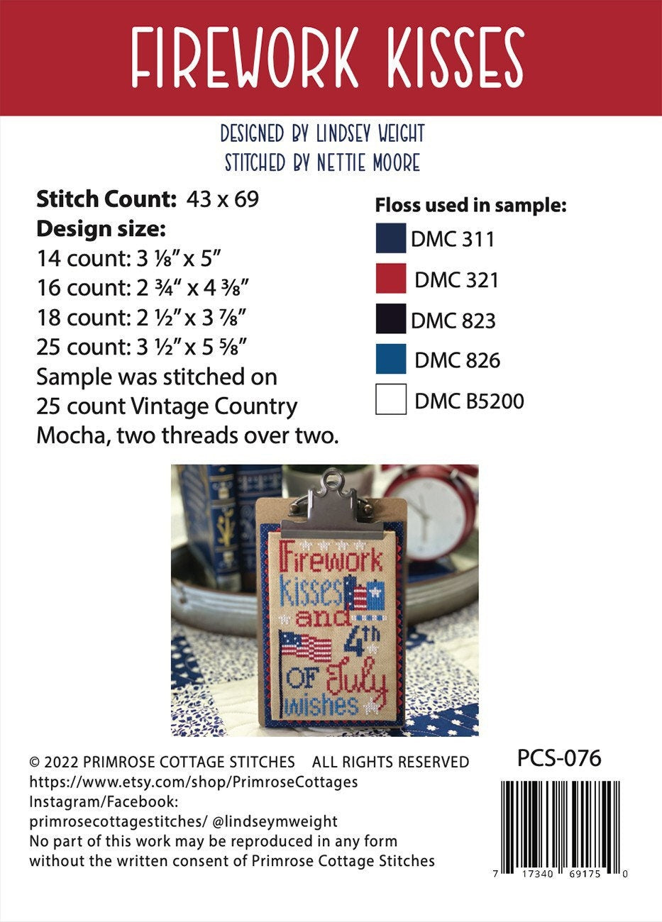 Firework Kisses Cross Stitch Pattern - Primrose Cottage Stitches - 43 x 69 stitches