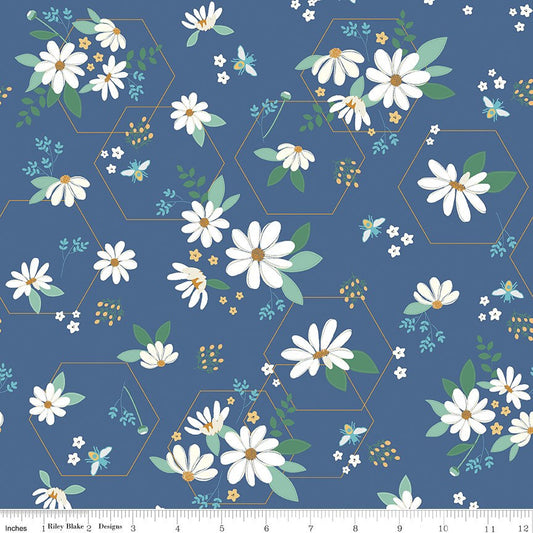 Daisy Fields Fabric - By The Half Yard - BTHY - Denim Sparkle Main - Beverly McCullough - Flamingo Toes- Riley Blake - SC12480 DENIM