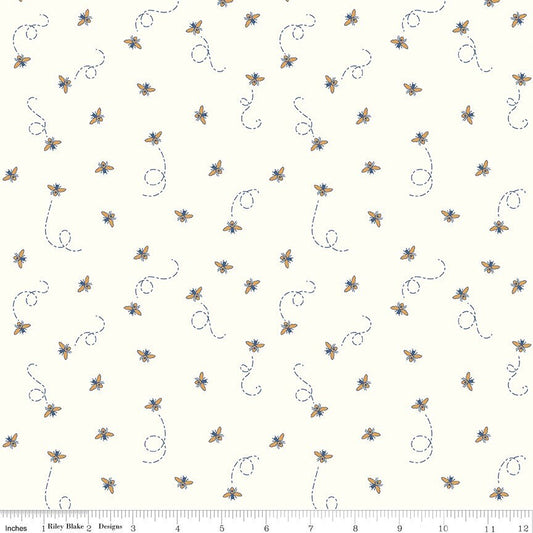 Daisy Fields Fabric - By The Half Yard - BTHY - Cloud Sparkle Bees - Beverly McCullough - Flamingo Toes- Riley Blake - SC12485 CLOUD