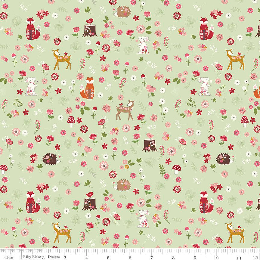 Enchanted Meadow Fabric - By The Half Yard - BTHY - Green Forest Friends - Beverly McCullough - Flamingo Toes - Riley Blake - C11551 GREEN