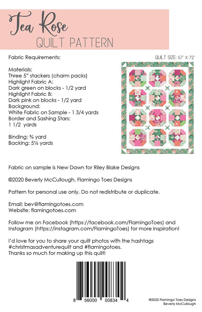 Tea Rose Quilt Pattern - Enchanted Meadow Fabric - Beverly McCullough - Flamingo Toes - Charm Pack Friendly - 57” x 72”